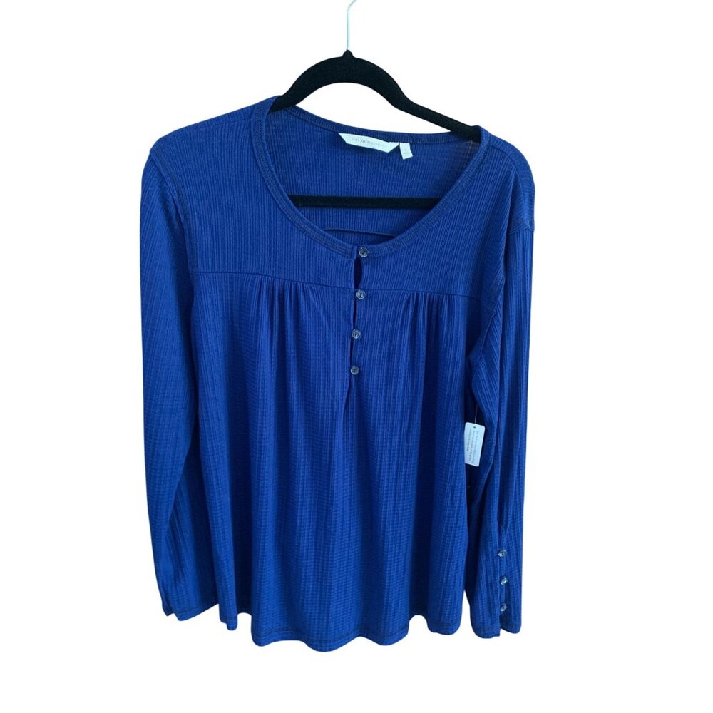Soft Surrounding Womens Size Large Navy Blue Tunic Top Shirt Henley Pullover Gau